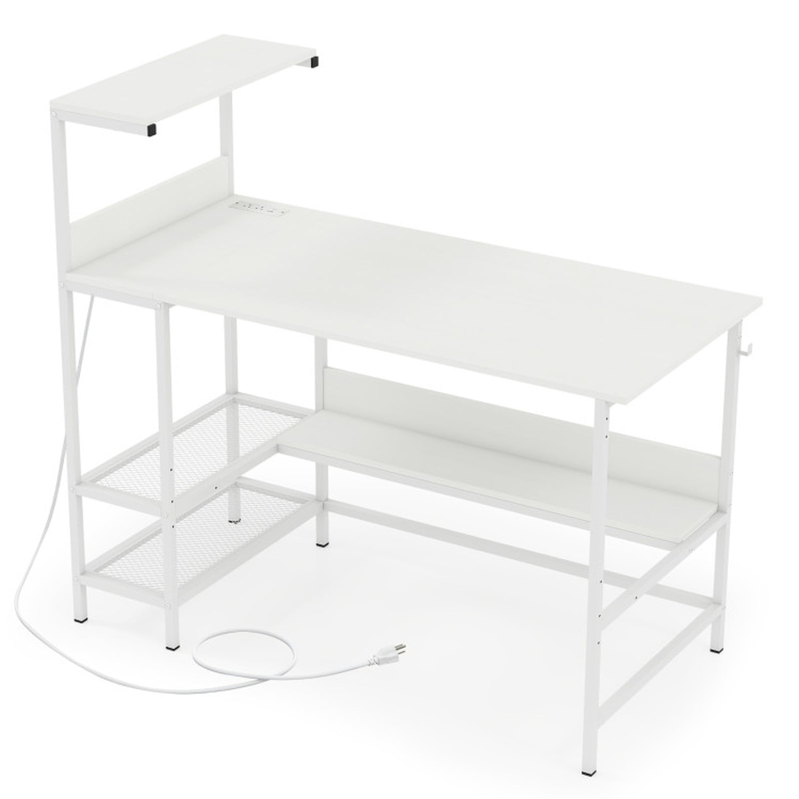 Furnibear 48 Inch Computer Desk Home Office Desk with Power Outlets and Storage Shelves for Study Workspace, White