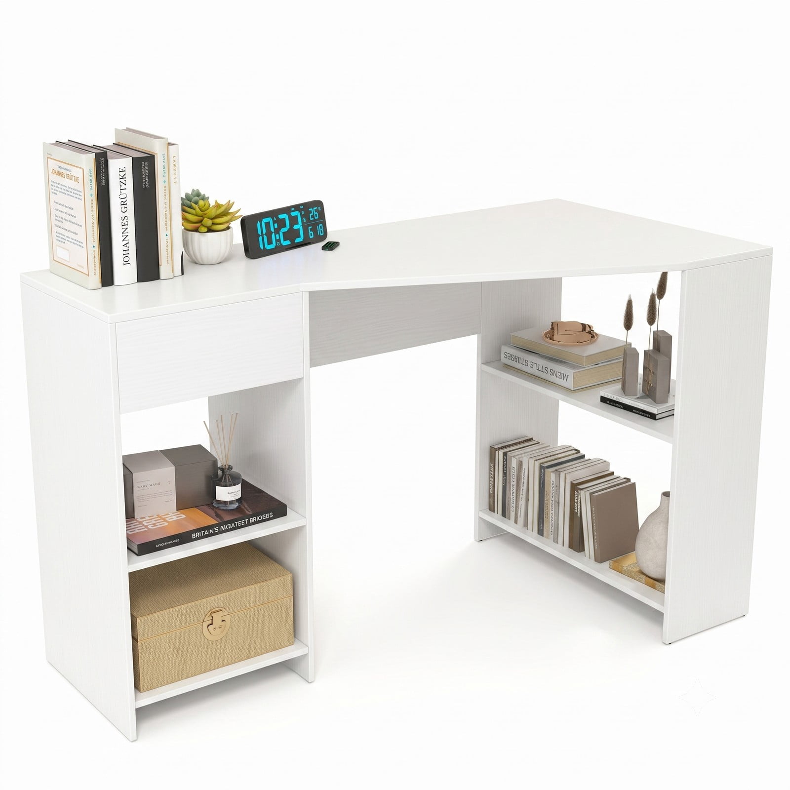 Furnibear 48 Inch L Shaped Corner Computer Desk with Drawer and Shelves, Executive Home Office Writing Gaming Workstation Table, Engineered Wood Study Desk, White