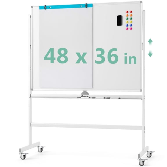 Furnibear 48 x 36 Inch Rolling Double-Sided Magnetic Whiteboard with Height Adjustable Stand Flipchart Pad and Locking Casters, White