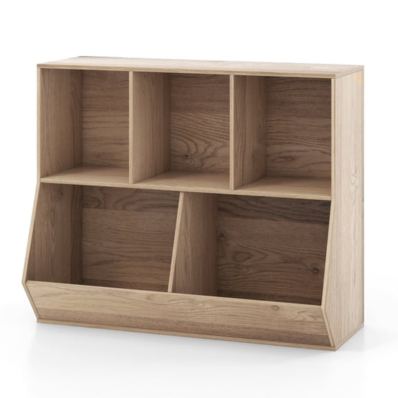 Furnibear 5-Cube Wooden Kids Toy Storage Organizer with Anti-Tipping Kits and Stackable Cube Shelving for Bedroom Playroom Nursery to Sort Books and Toys, Natural