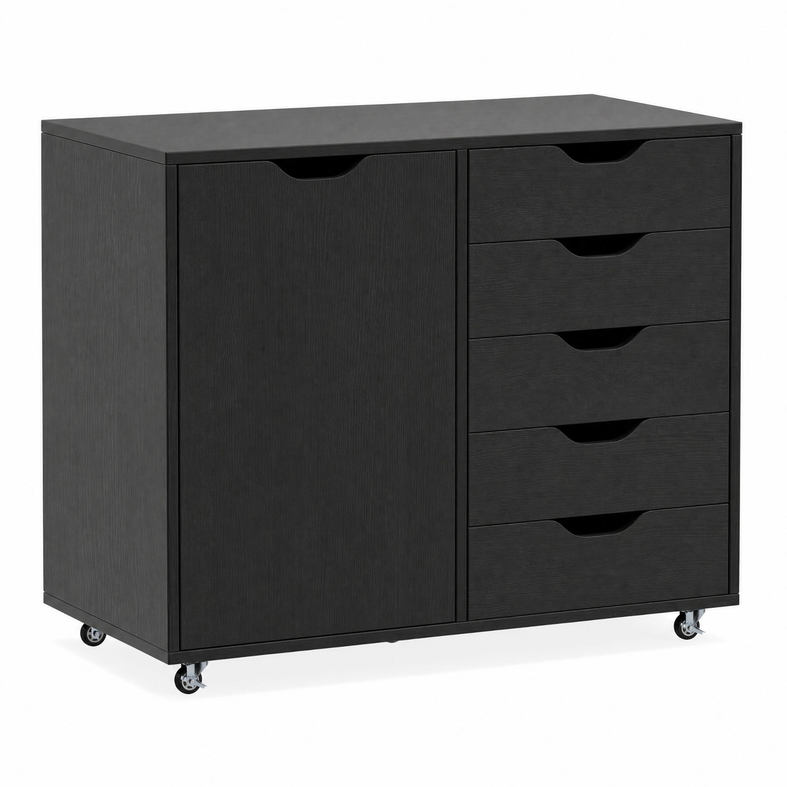 Furnibear 5-Drawer Rolling Storage Cart with Side Cabinet for Home Office Filing Document Letter Legal Storage, Black