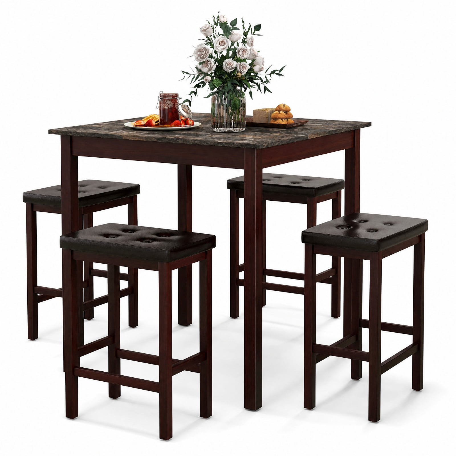 Furnibear 5 Piece Counter Height Bar Table Set with Dining Table and 4 Bar Stools with Rubber Wood Legs for Kitchen Breakfast Nook Seating, Brown