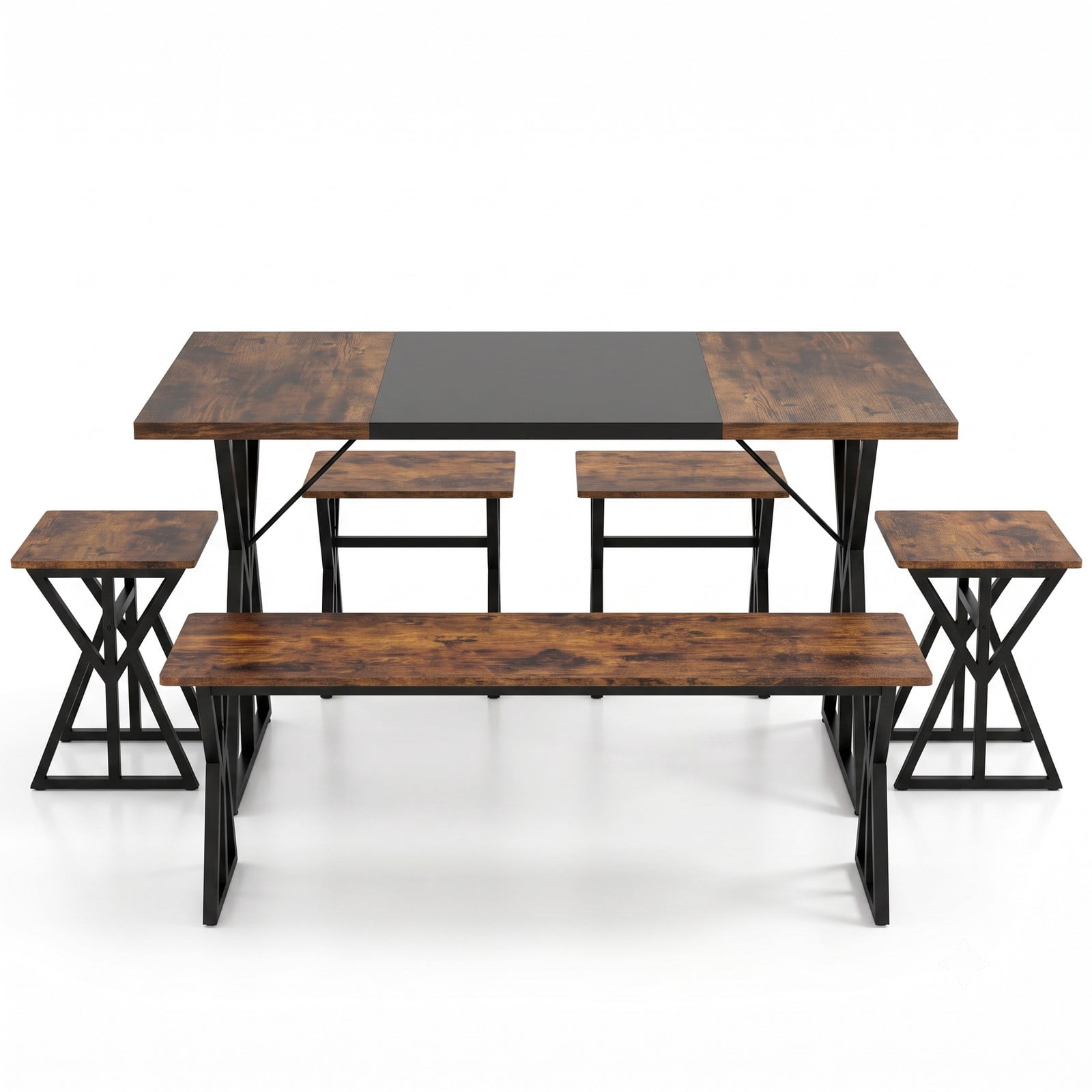Furnibear 5 Piece Industrial Dining Set with Rectangular Table 2 Benches and 2 Stools for Kitchen Dining Room and Small Apartments, Rustic Brown