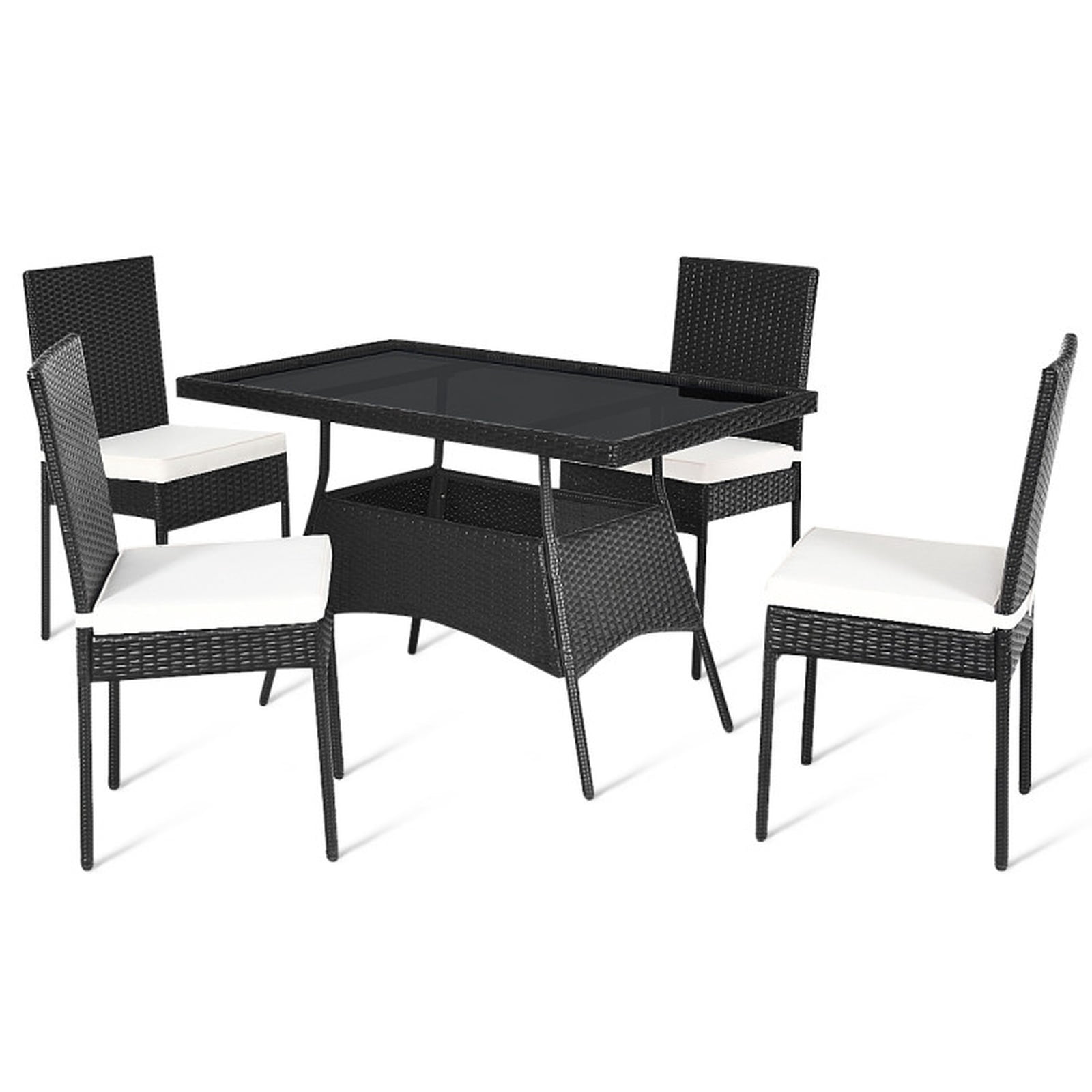 Furnibear 5 Piece Outdoor Patio Rattan Dining Set Wicker Conversation Furniture Set with Glass Top Table and Cushions, Black