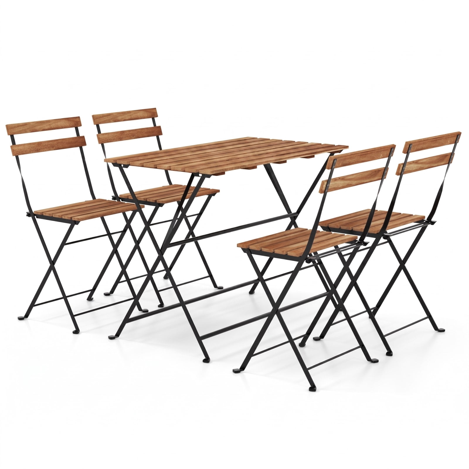Furnibear 5 Piece Patio Dining Set, Acacia Wood Outdoor Furniture with 4 Folding Chairs and Dining Table for Garden Deck, Black and Brown