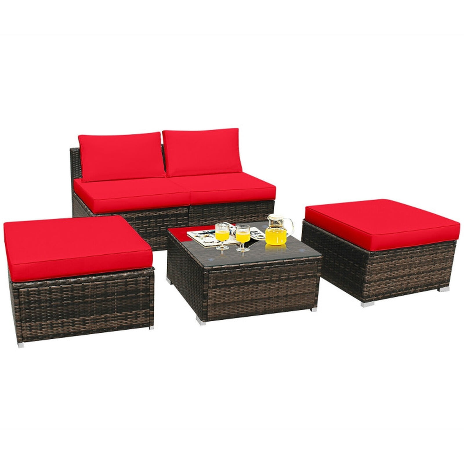 Furnibear 5 Piece Patio Furniture Set Outdoor Wicker Conversation Set with Cushioned Armless Sofas and Coffee Table for Garden Deck, Red