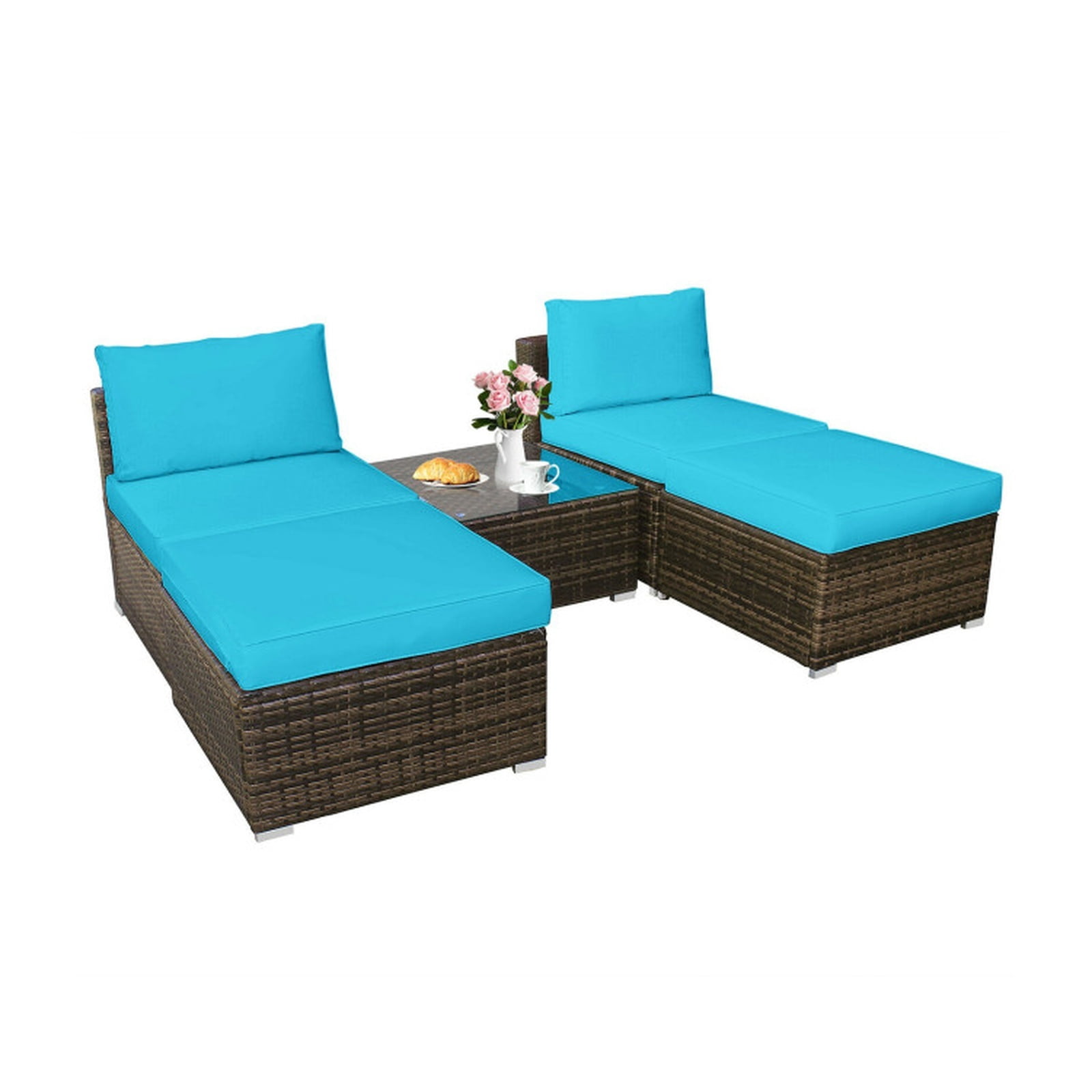 Furnibear 5 Piece Patio Furniture Set Outdoor Wicker Conversation Set with Cushioned Armless Sofas and Coffee Table for Garden Deck, Turquoise