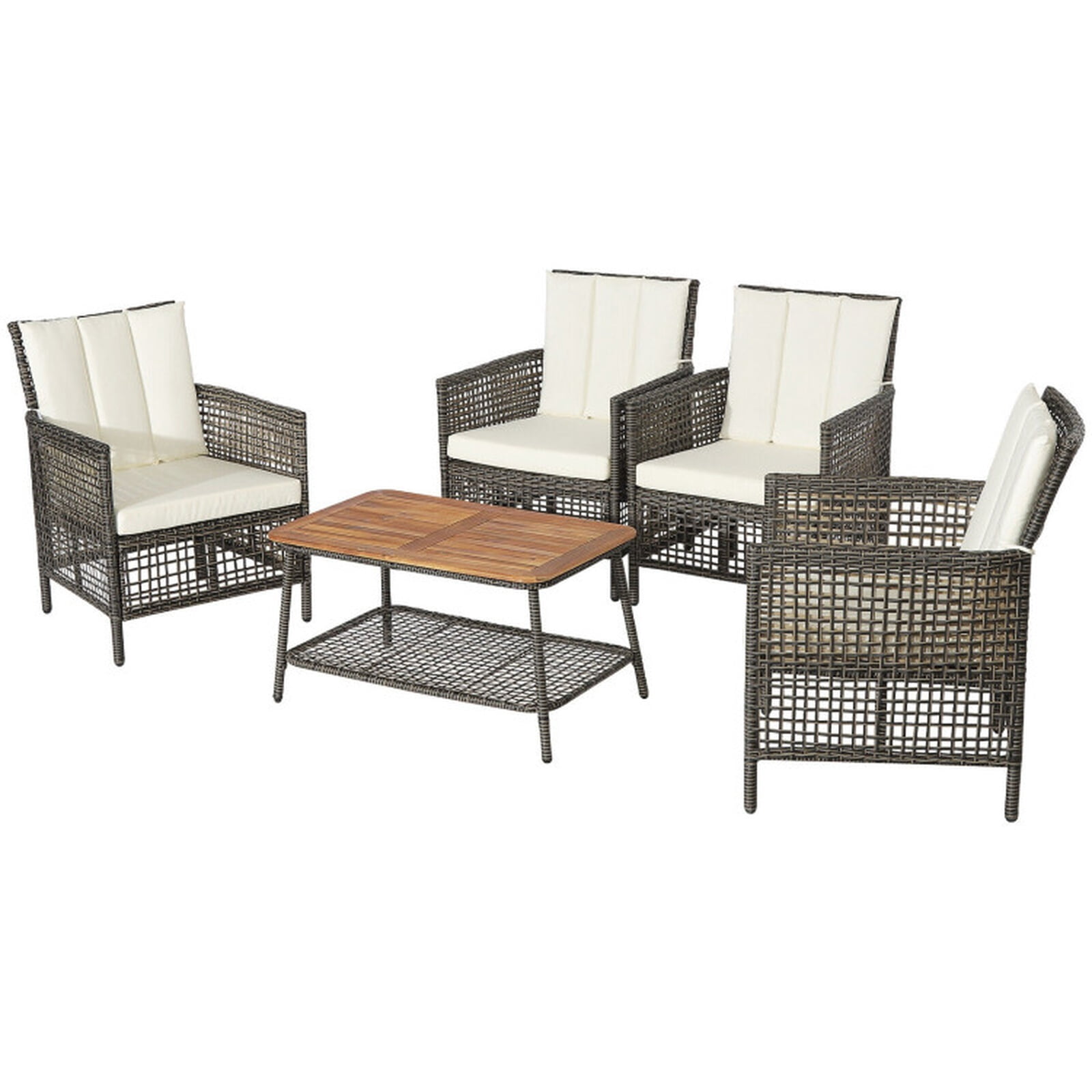 Furnibear 5 Piece Patio Rattan Furniture Set Outdoor Wicker Sectional Sofa Set with Cushions Armrest and Acacia Wood Tabletop, Off White