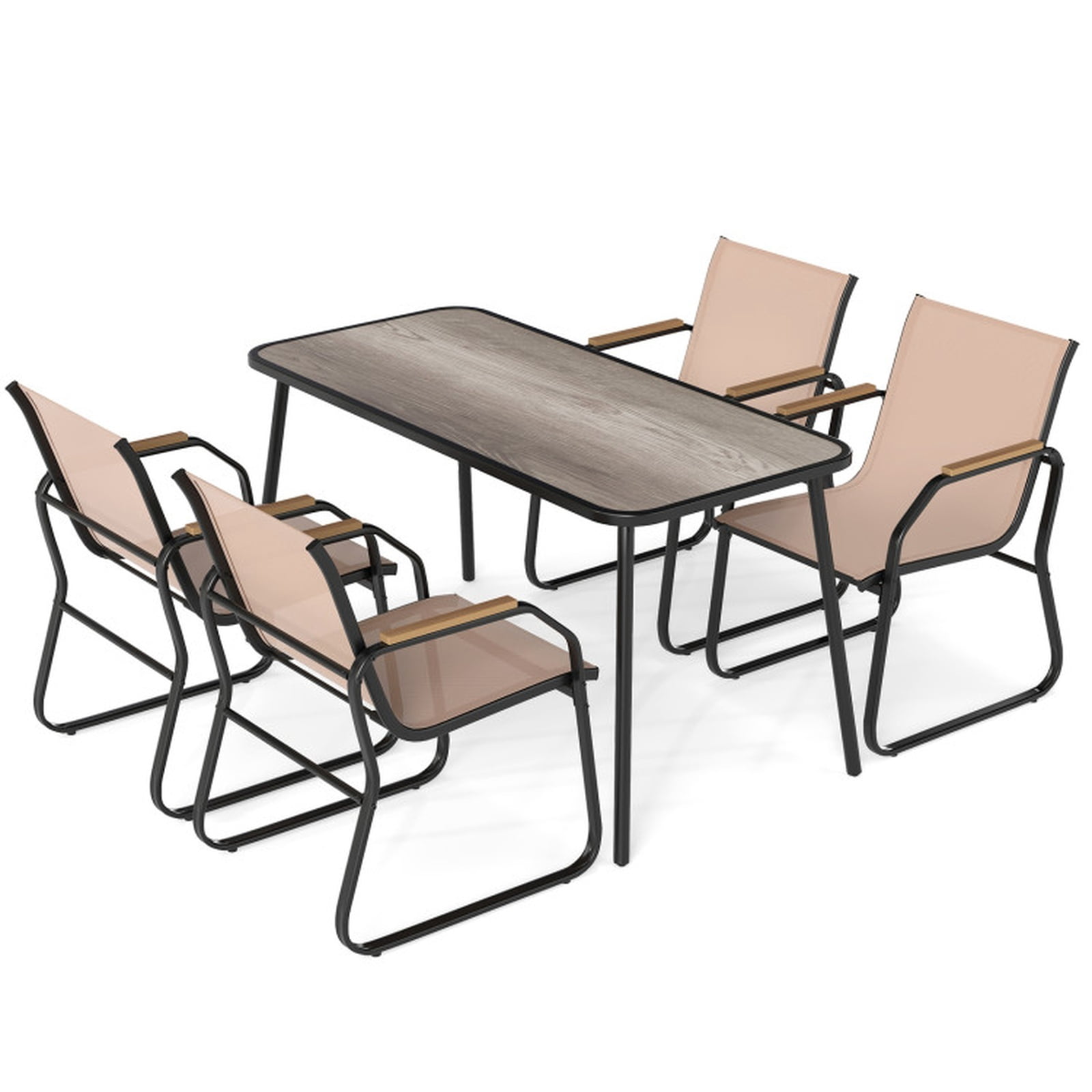 Furnibear 5 Pieces Patio Dining Set with 55 Inch Rectangular DPC Wood Grain Table 4 Breathable Fabric Sling Chairs and Reinforced Metal Frame for Backyard Garden Deck, Brown