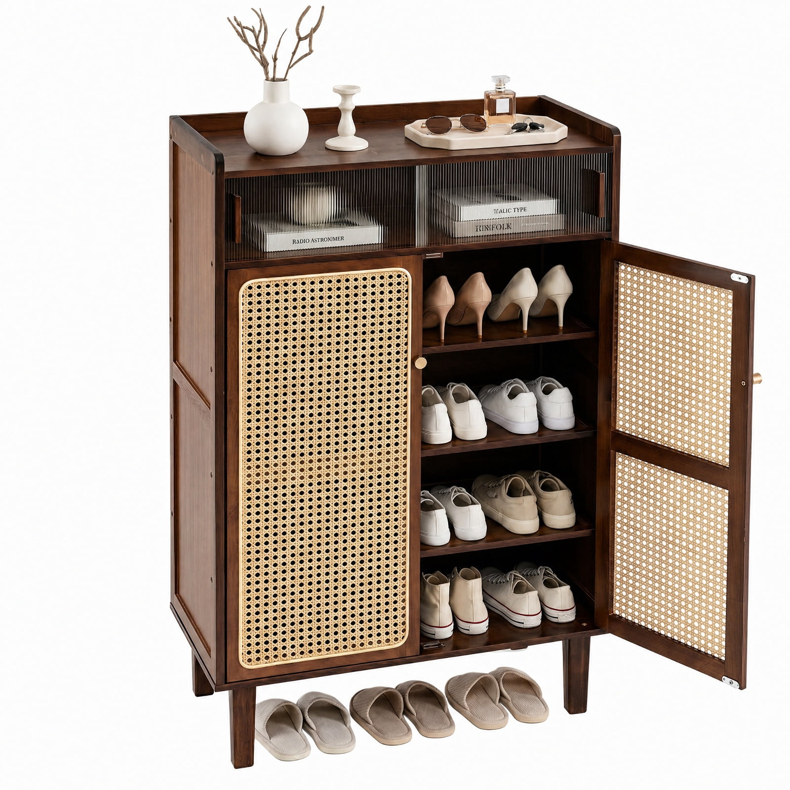 Furnibear 5 Tier Bamboo Shoe Storage Cabinet with Woven PE Rattan and See Through Sliding Doors for Entryway Hallway Closet, Walnut