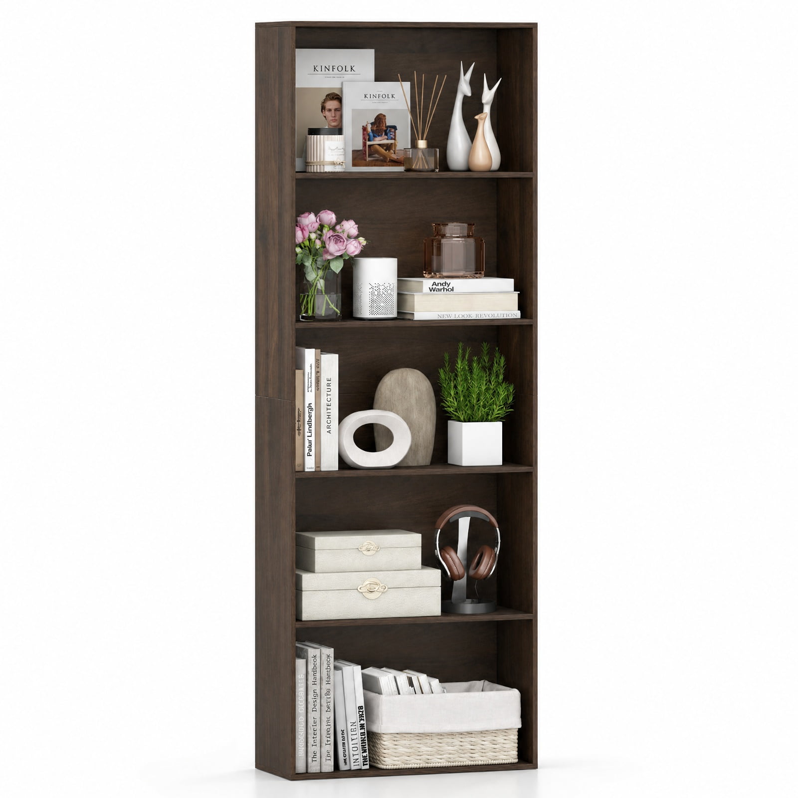 Furnibear 5-Tier Bookshelf Open Bookcase Freestanding Display Shelf Storage Organizer-Dark Walnut for Living Room Home Office Bedroom, Dark Brown