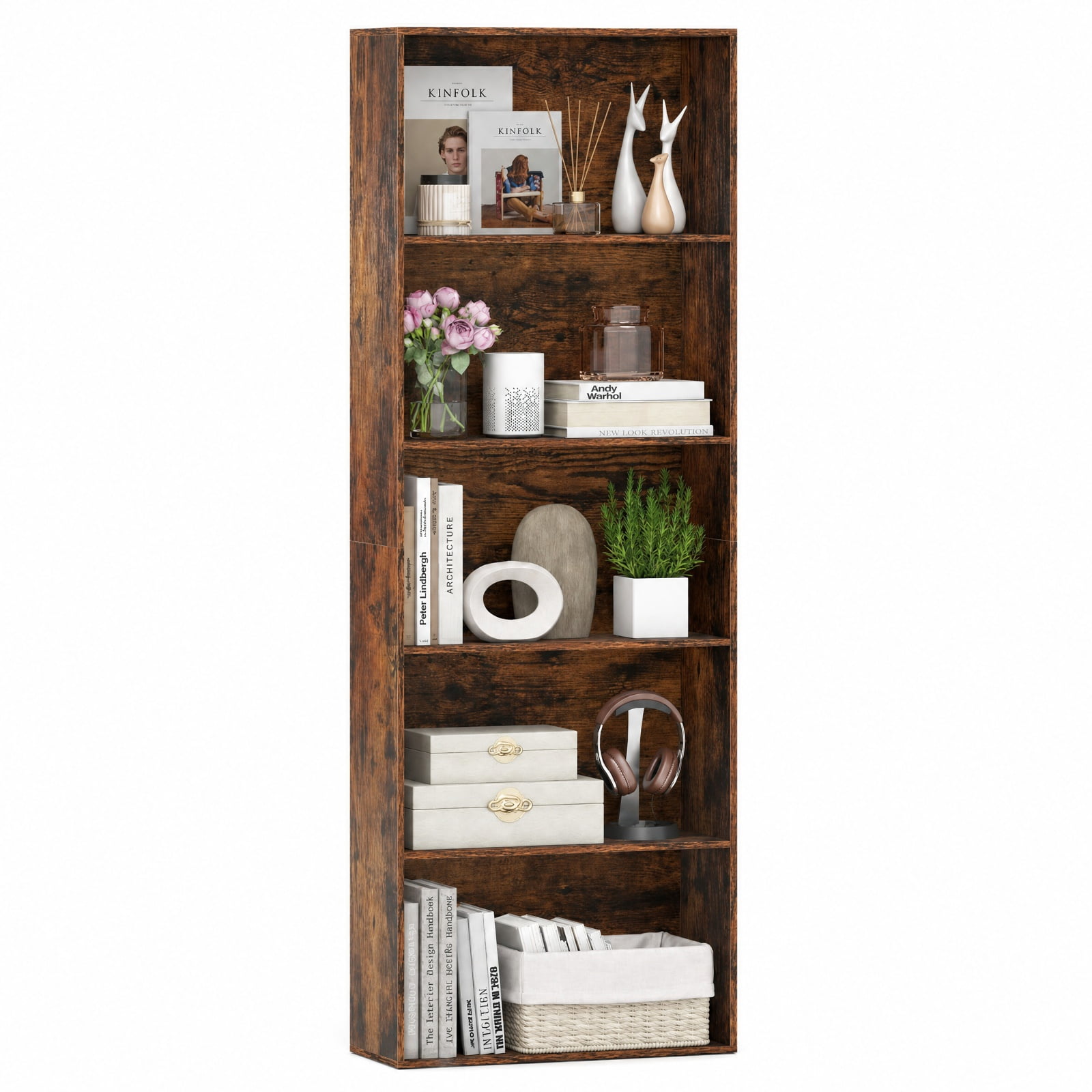 Furnibear 5-Tier Bookshelf Open Bookcase Freestanding Display Shelf Storage Organizer for Living Room Home Office Bedroom Display, Rustic Brown