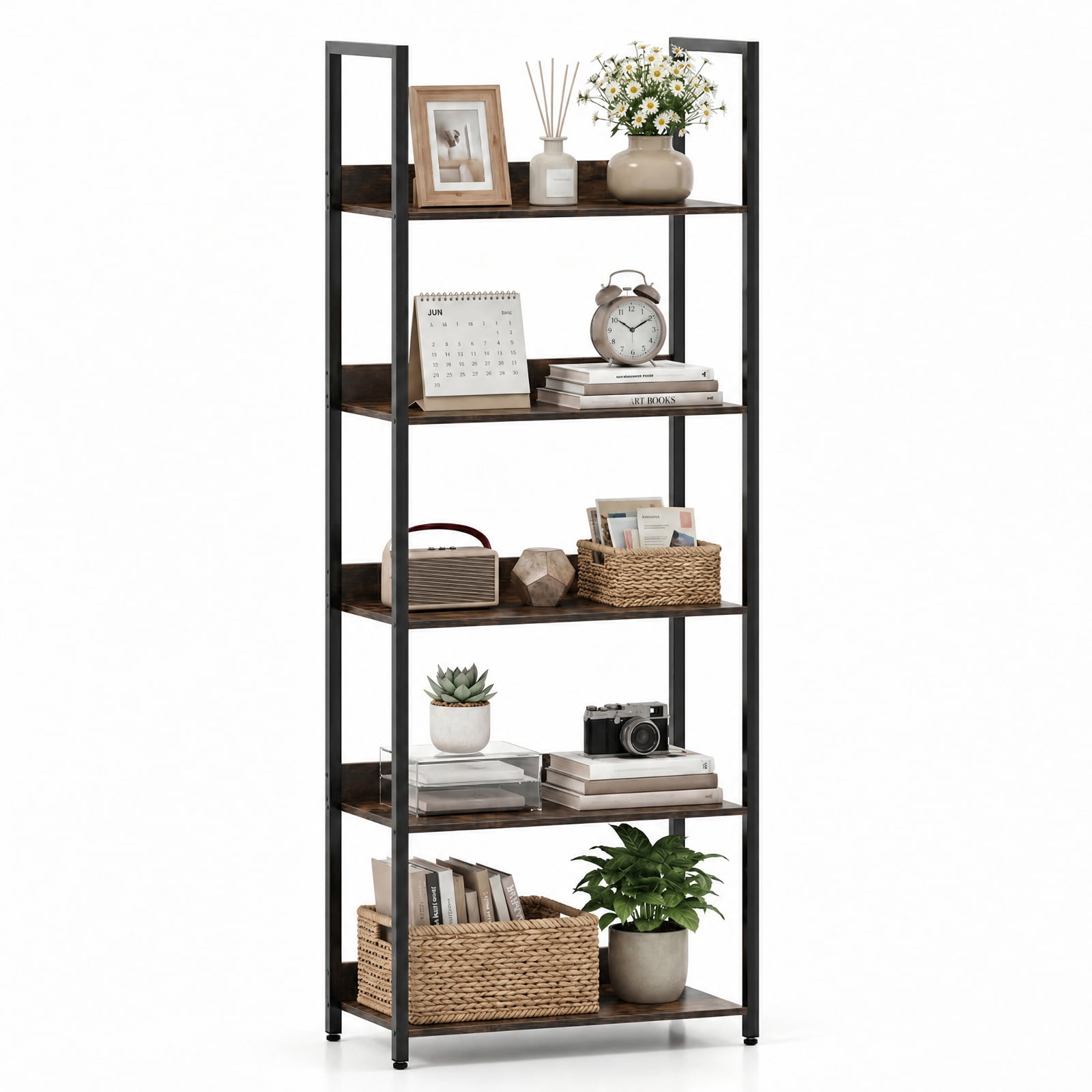 Furnibear 5-Tier Bookshelf Tall Wooden Open Bookcase with Back Panels for Living Room Home Office Bedroom Display Storage Shelf, Rustic Brown