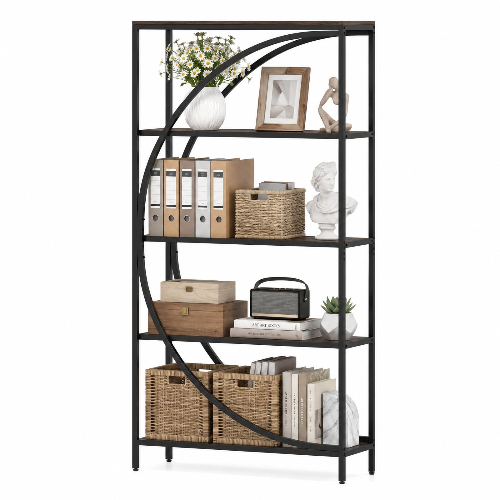 Furnibear 5-Tier Bookshelf with Half-Moon Shape for Living Room and Home Office for Living Room Home Office Bedroom Display Storage, Rustic Brown