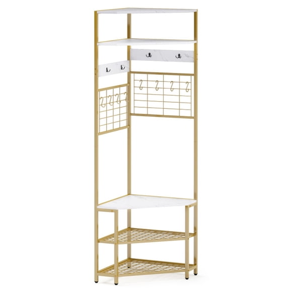 Furnibear 5-Tier Corner Hall Tree with Shoe Storage Bench, Entryway Coat Rack with Hooks and Shelves for Small Space Mudroom, White