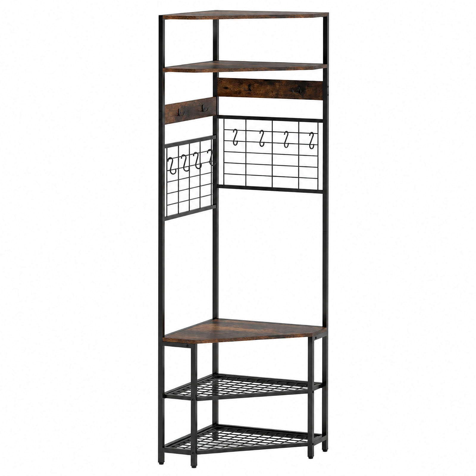 Furnibear 5 Tier Corner Hall Tree with Shoe Storage Bench and Coat Hooks for Entryway and Hallway and Bedroom, Rustic Brown