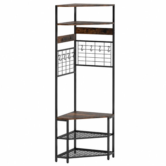 Furnibear 5 Tier Corner Hall Tree with Shoe Storage Bench and Coat Hooks for Entryway and Hallway and Bedroom, Rustic Brown