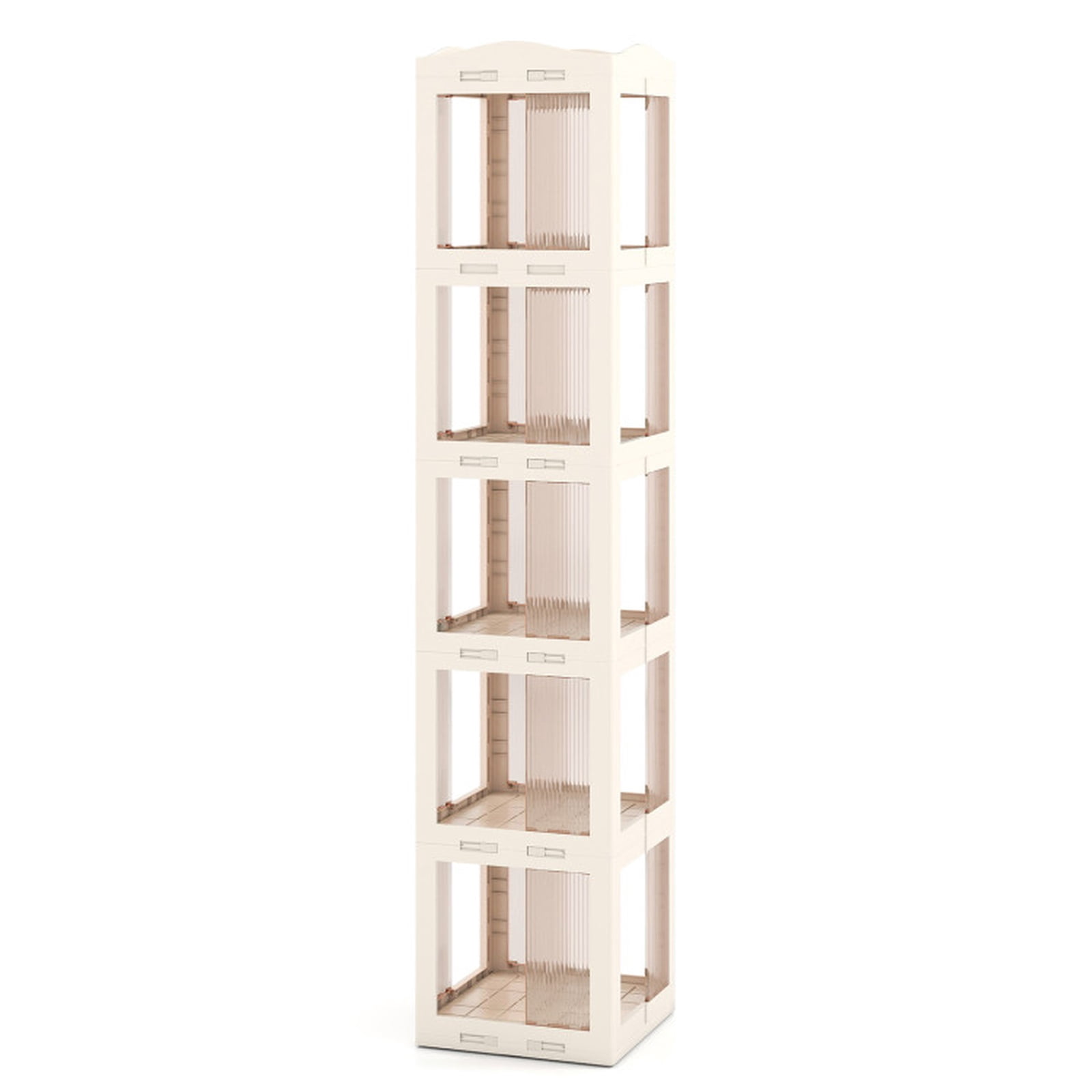 Furnibear 5-Tier Foldable Rotating Bookshelf 360 Spinning Bookcase with Swivel Base White, 14.5" x 14" x 68.5"