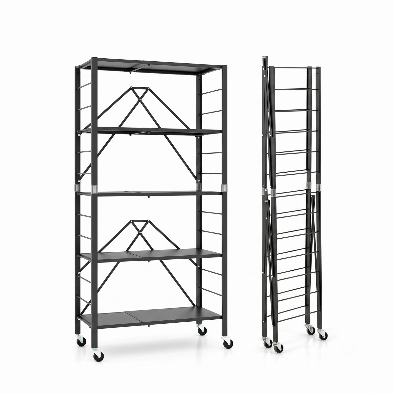 Furnibear 5-Tier Foldable Storage Shelf with Wheels, Adjustable Extendable Metal Utility Rack for Kitchen Living Room Study Tool Room, Rolling Storage Organizer, Black