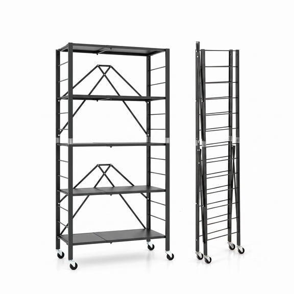 Furnibear 5-Tier Foldable Storage Shelf with Wheels, Adjustable Extendable Metal Utility Rack for Kitchen Living Room Study Tool Room, Rolling Storage Organizer, Black