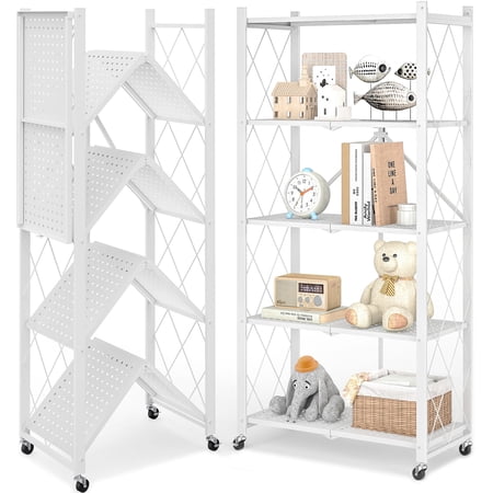 Furnibear 5-Tier Folding Storage Shelves with Wheels, Foldable Metal Rack, Collapsible Shelves for Garage, Kitchen, Basement, White