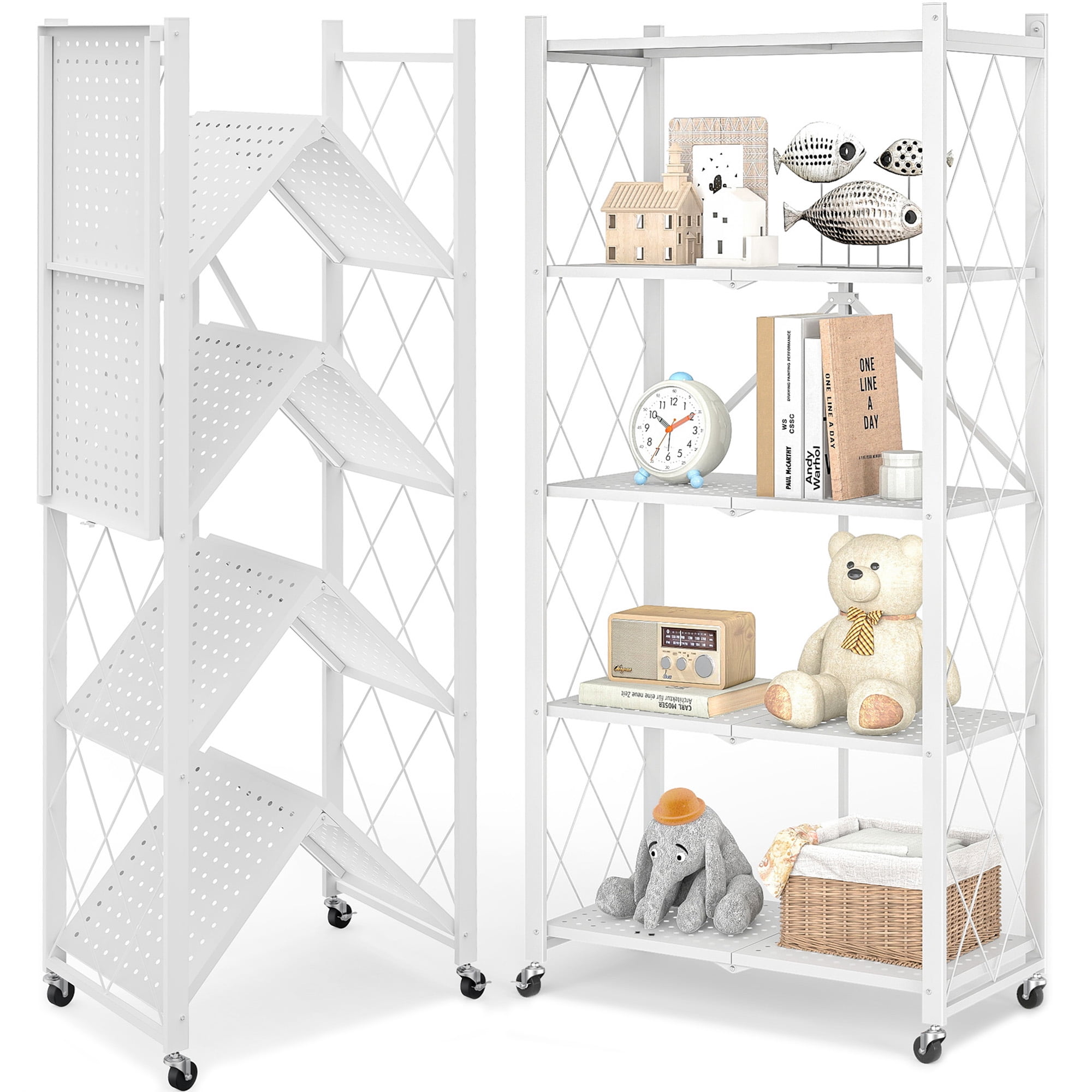 Furnibear 4 Tier Folding Storage Shelves with Wheels Foldable Metal Rack Collapsible Shelves for Garage Kitchen Basement Black