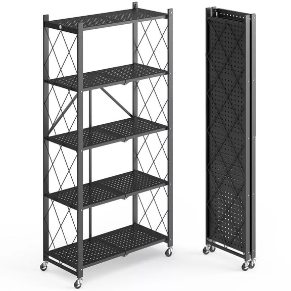 Fenbeli 5-Tier Heavy-Duty Foldable Storage Shelf with Lockable Wheels (750 lbs Capacity) - No Assembly Metal Organizer Rack for Home/Garage/Office, Black