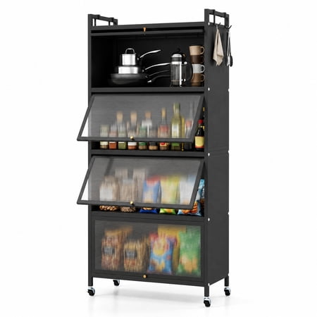 Furnibear 5 Tier Kitchen Storage Cabinet with 4 Flip Up Doors Rolling Wheels and Hooks Tall Metal Pantry for Kitchen and Garage, Black