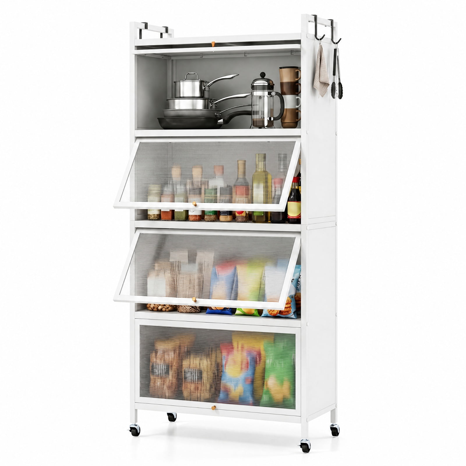 Furnibear 5 Tier Kitchen Storage Cabinet with 4 Flip Up Doors Rolling Wheels and Hooks Tall Metal Pantry for Kitchen and Garage, White