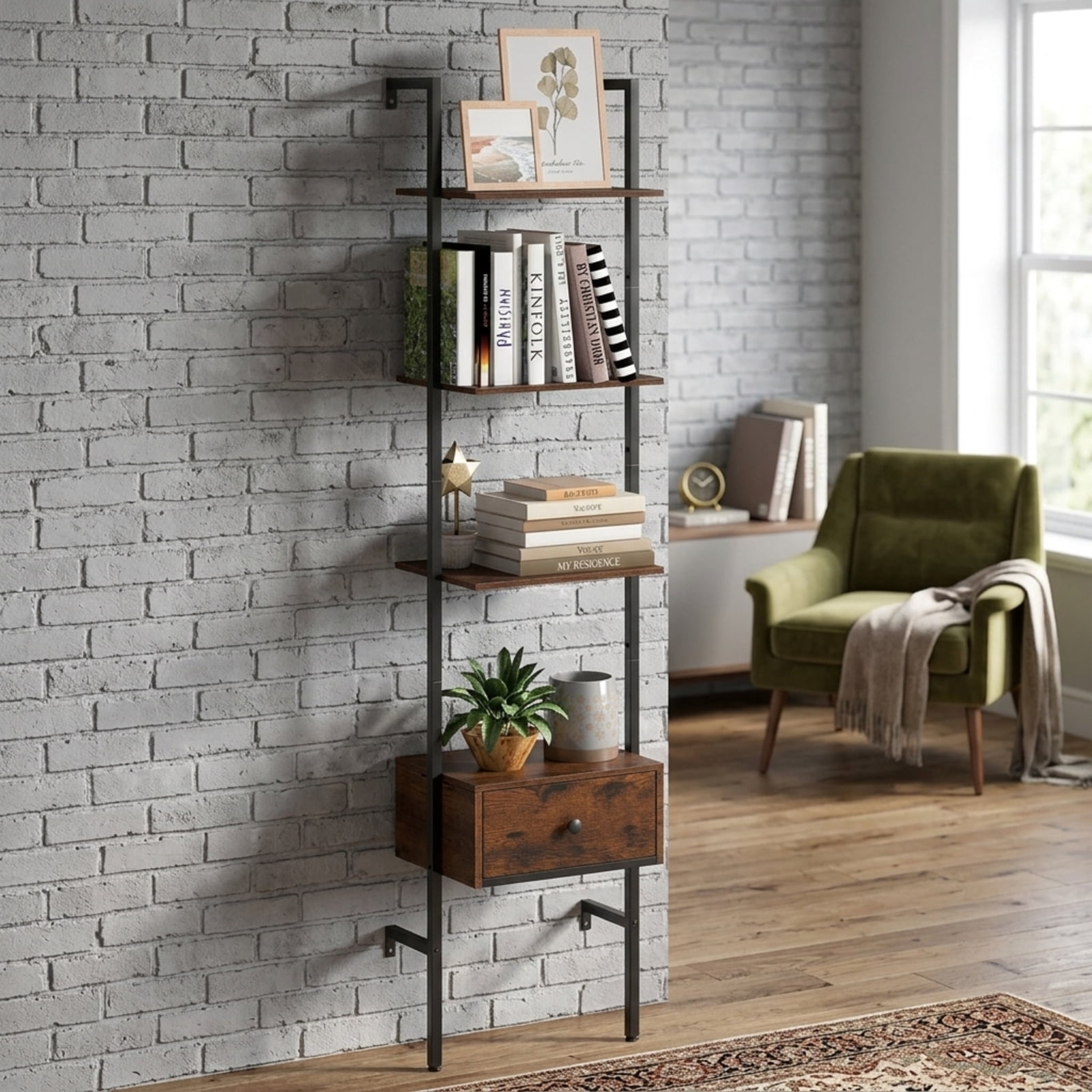 Furnibear 5-Tier Ladder Bookcase with Drawer and Metal Frame for Study Home Office for Living Room Home Office Bedroom Display Storage, Rustic Brown