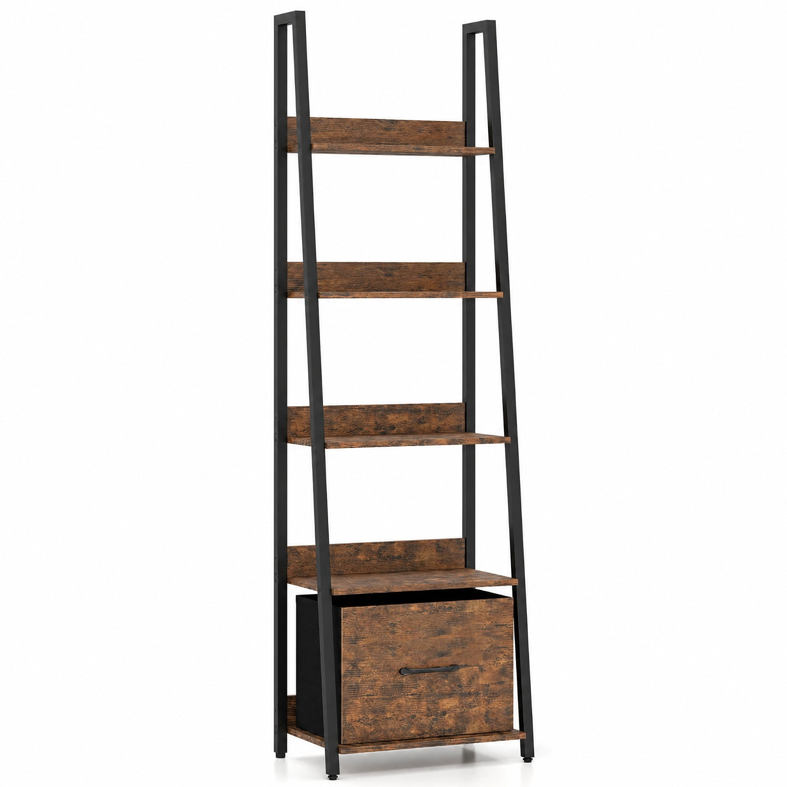 Furnibear 5-Tier Ladder Bookshelf with Fabric Drawer for Living Room and Home Office for Living Room Home Office Bedroom Display, Rustic Brown