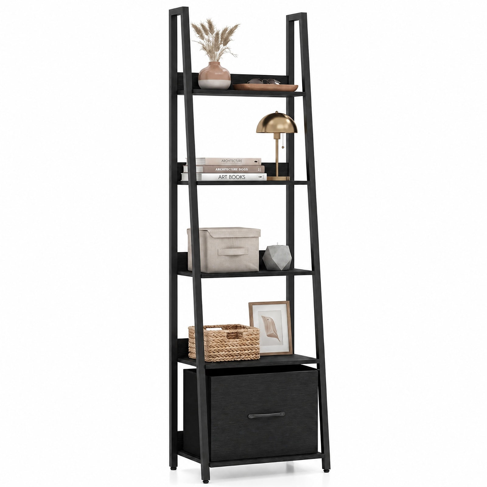 Furnibear 5-Tier Ladder Bookshelf with Fabric Drawer for Living Room and Home Office for Living Room Home Office Bedroom Display Storage Shelf, Black