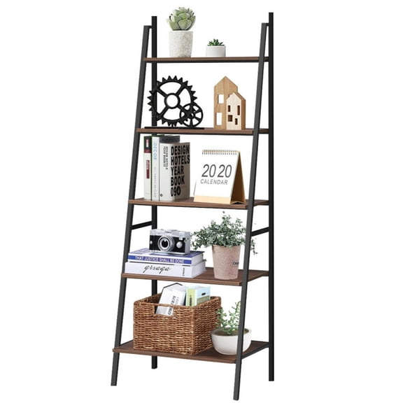 Furnibear 5 Tier Leaning Bookshelf Wood Metal Bookcase Wood, 25" x 17.5" x 71" - Open Storage Display Rack for Home Office