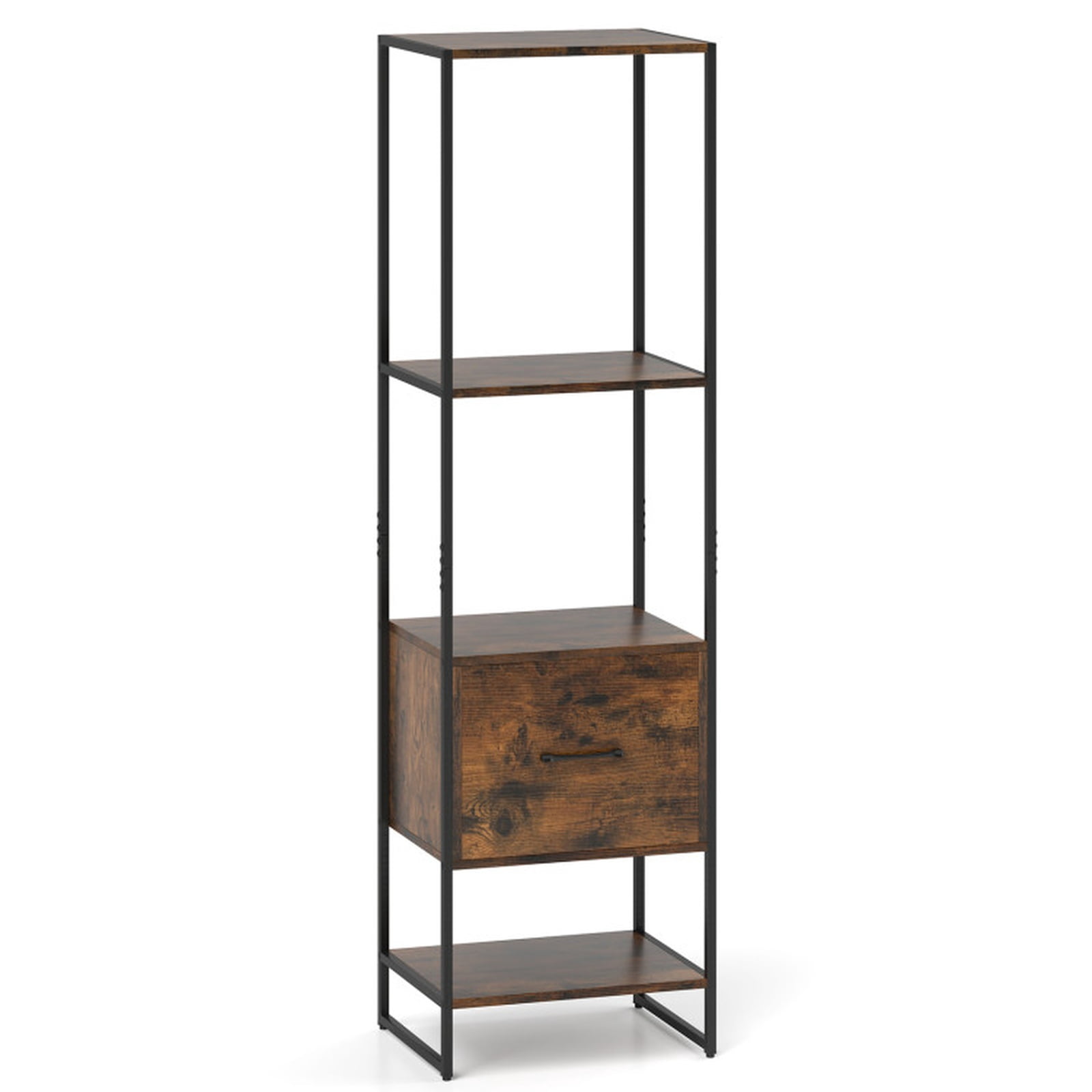 Furnibear 5-Tier Narrow Bookcase with 4 Open Shelves and Storage Drawer Rustic Brown, 18" x 14" x 62.5"