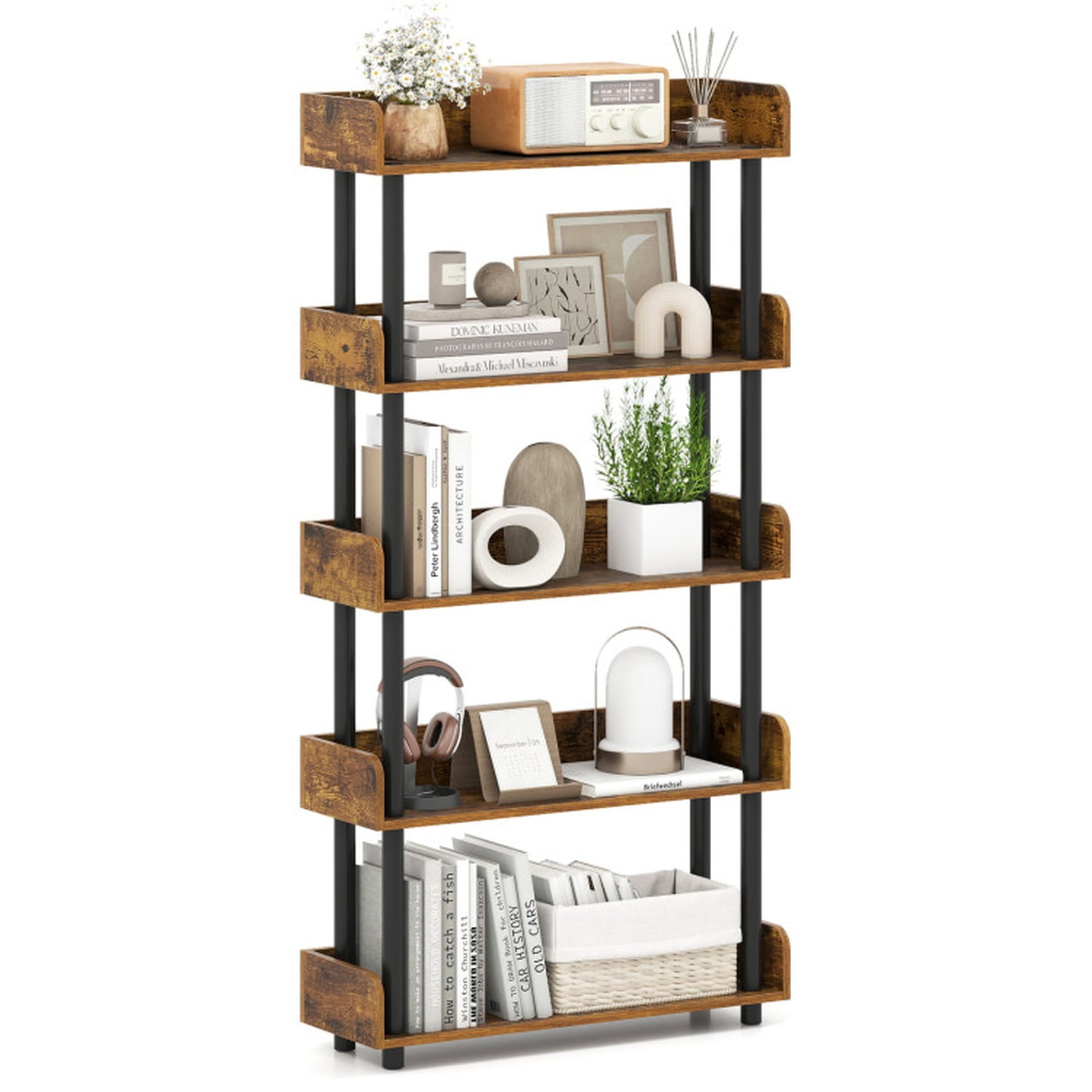 Furnibear 5-Tier Open Bookcase with Industrial Storage Unit Rustic Brown, 31.5" x 10.5" x 34.5" - Open Storage Display Rack for Home Office