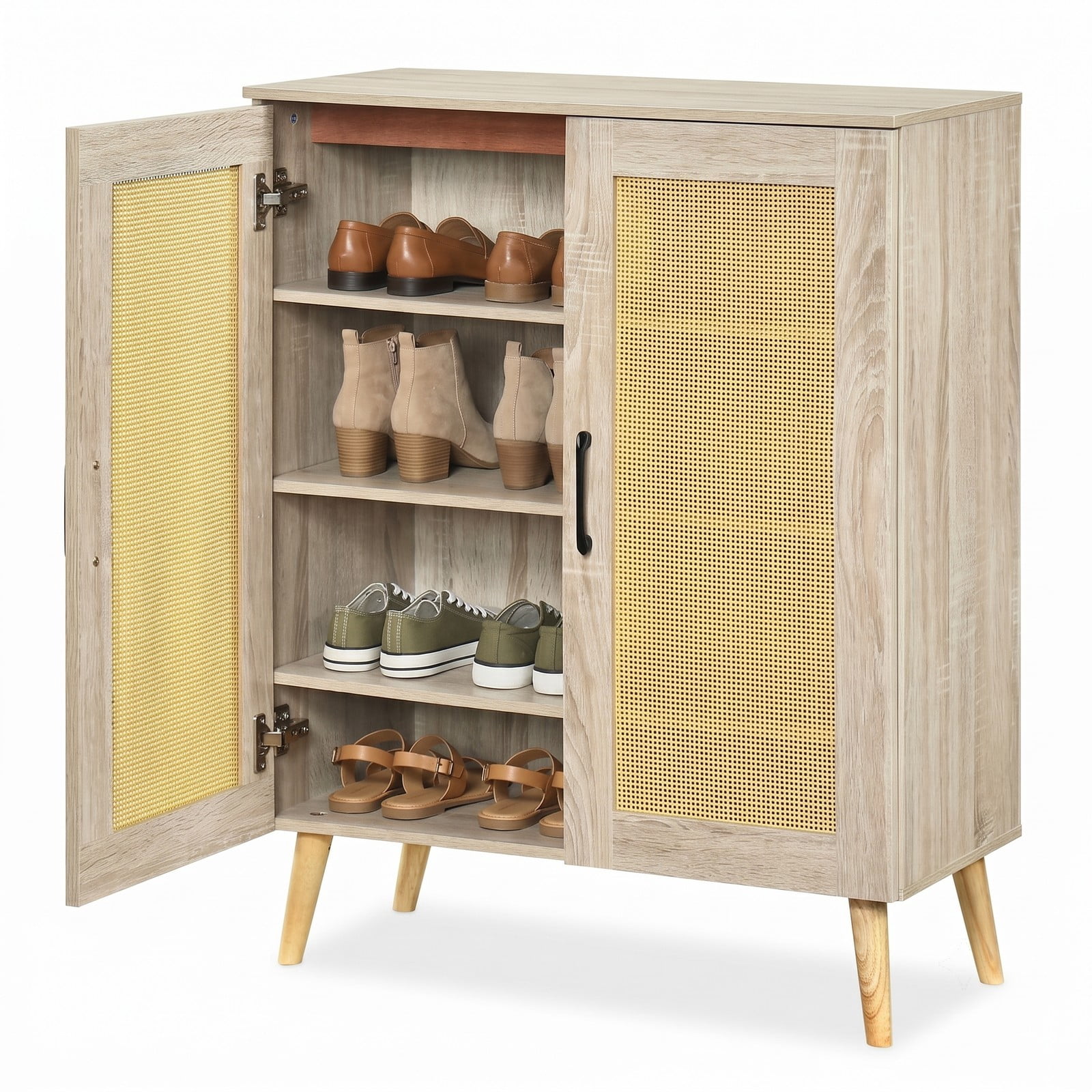 Furnibear 5-Tier Rattan Shoe Cabinet with 3 Removable Shelves and Woven Doors for Entryway and Hallway Shoe Storage, Natural
