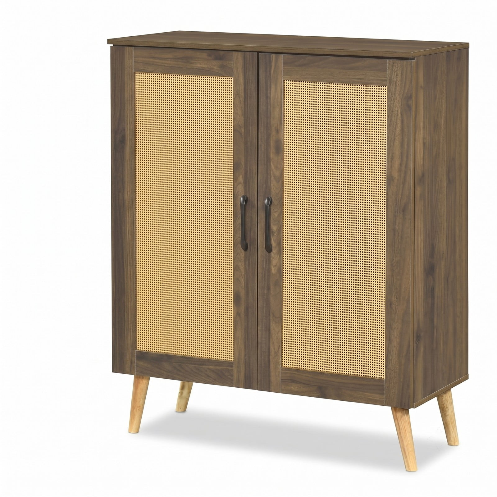 Furnibear 5-Tier Rattan Shoe Cabinet with 3 Removable Shelves and Woven Doors for Entryway and Hallway Shoe Storage, Walnut