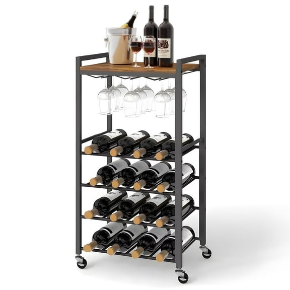 Furnibear 5-Tier Rolling Wine Rack with Tabletop - Holds 16 Bottles, Rustic Brown Iron/Wood Design for Kitchen, Bar or Dining Room