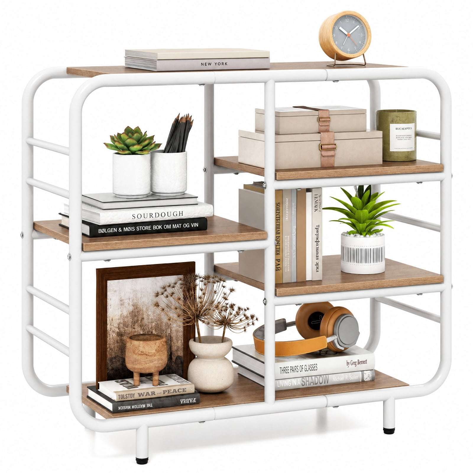 Furnibear 5-Tier Storage Organizer Open Book Shelf with Metal Frame for Living Room Home Office Bedroom Display Storage Shelf, Natural