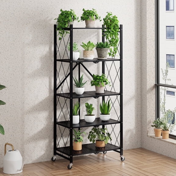 Fenbeli Foldable 5-Tier Storage Shelf with Wheels Metal Rack Collapsible Shelving Unit Display, Rolling Cartfor Garage, Pantry, Office ,Black