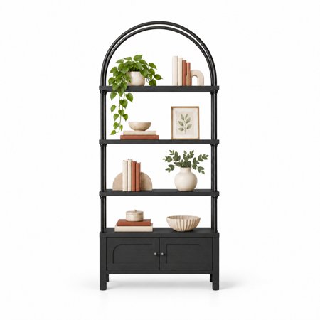 Furnibear 5-Tier Arched Bookshelf 72 Inches Tall, Open Bookcase with 2-Door Cabinet, Black
