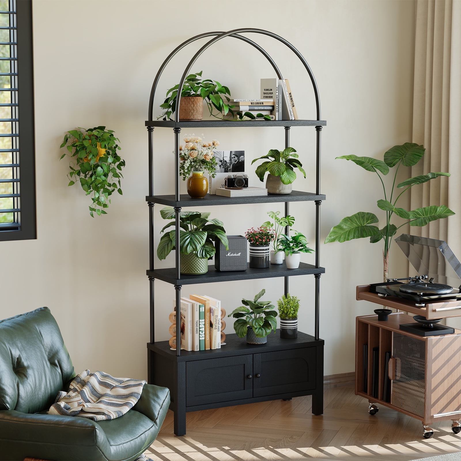 Furnibear Arched Bookshelf with Door 72 Inches Tall 5 Tier Storage Shelf with Cabinet,Modern Open Bookcase for Living Room or Home Office,Black