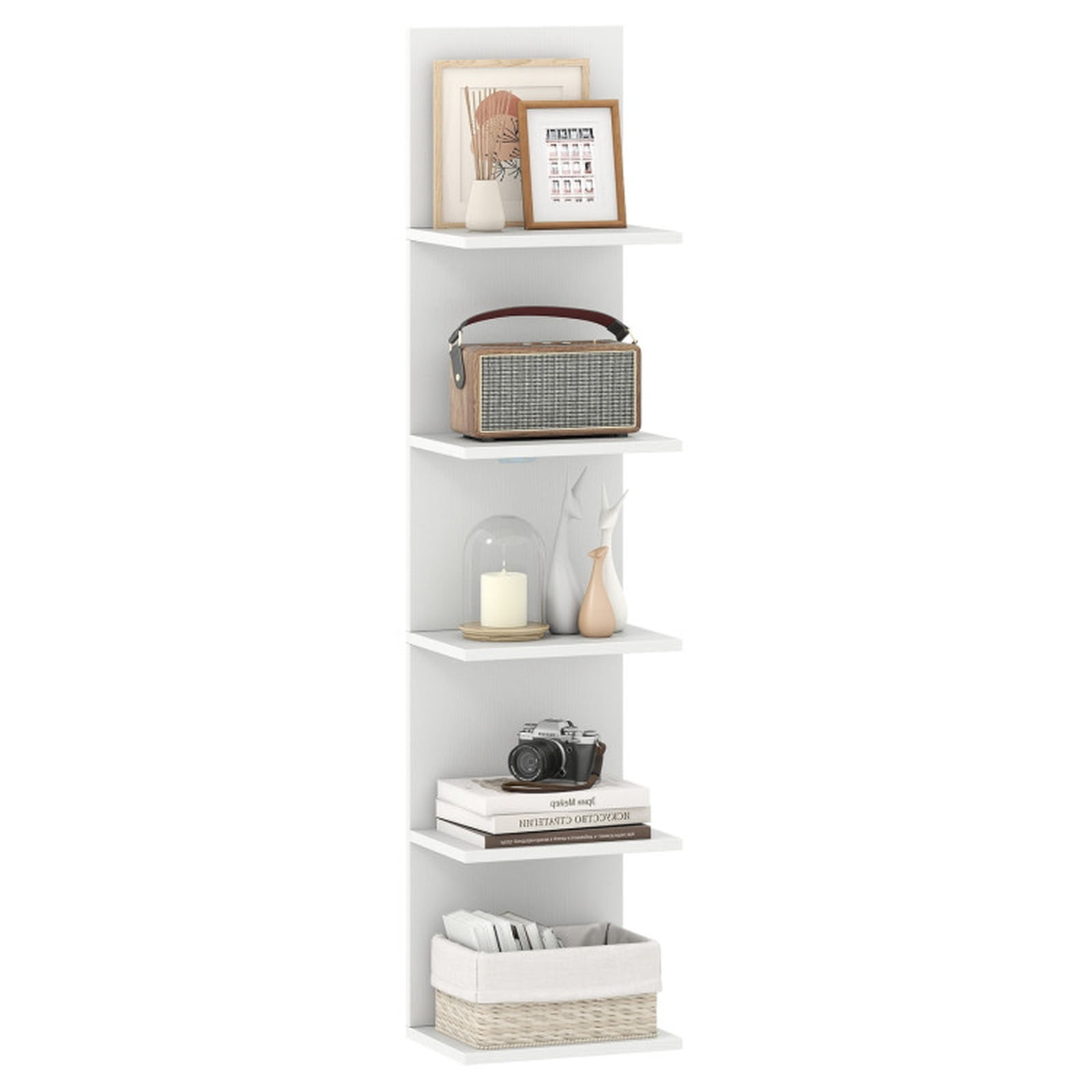 Furnibear 5-Tier Wall Mounted Shelf Unit with Wood Grain White, 12" x 8.5" x 51" - Open Storage Display Rack for Home Office