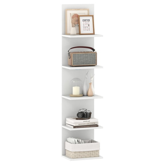 Furnibear 5-Tier Wall Mounted Shelf Unit with Wood Grain White, 12" x 8.5" x 51" - Open Storage Display Rack for Home Office
