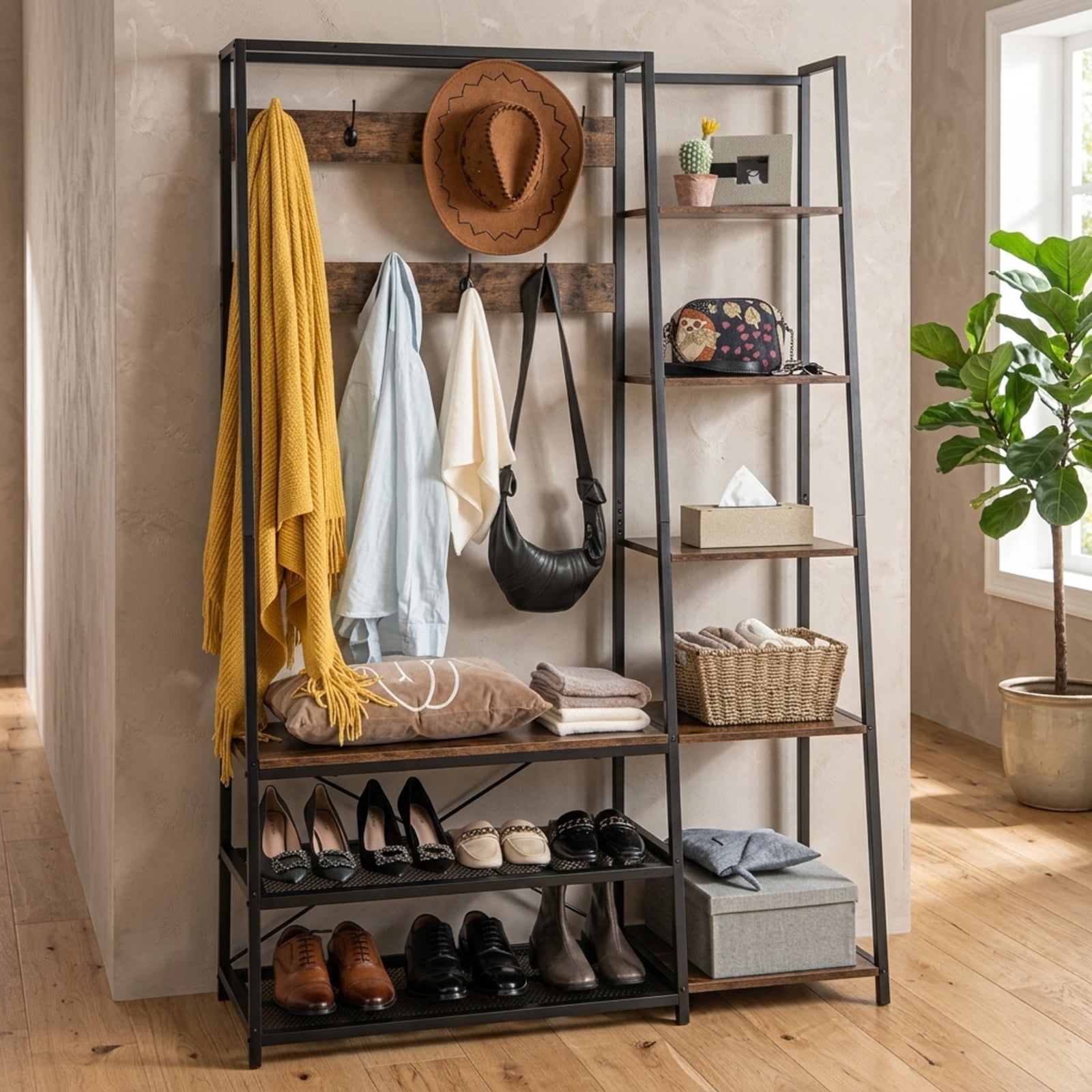 Furnibear 5 in 1 Entryway Hall Tree with Storage Bench and 9 Hooks and Shoe Shelves for Mudroom and Bedroom, Rustic Brown