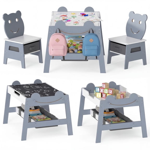 Furnibear 5-in-1 Reversible Chalkboard Multifunctional Kids Activity Table and Chair Set, Multicolor