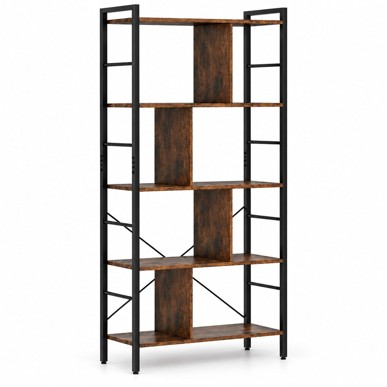 Furnibear 5-Tier Bookcase 61 Inch Tall Industrial Bookshelf with Metal Frame and Anti-Tip Anchors for Living Room Home Office Bedroom, Rustic Brown