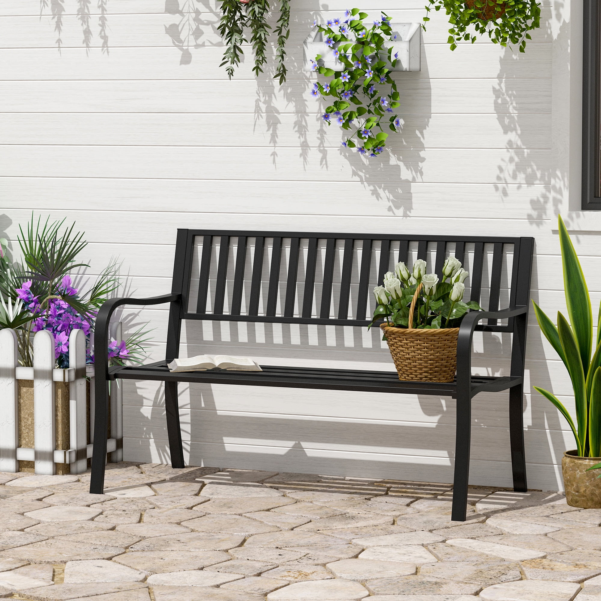 Furnibear 50" Outdoor Garden Bench, Patio Bench with Slatted Seat ...