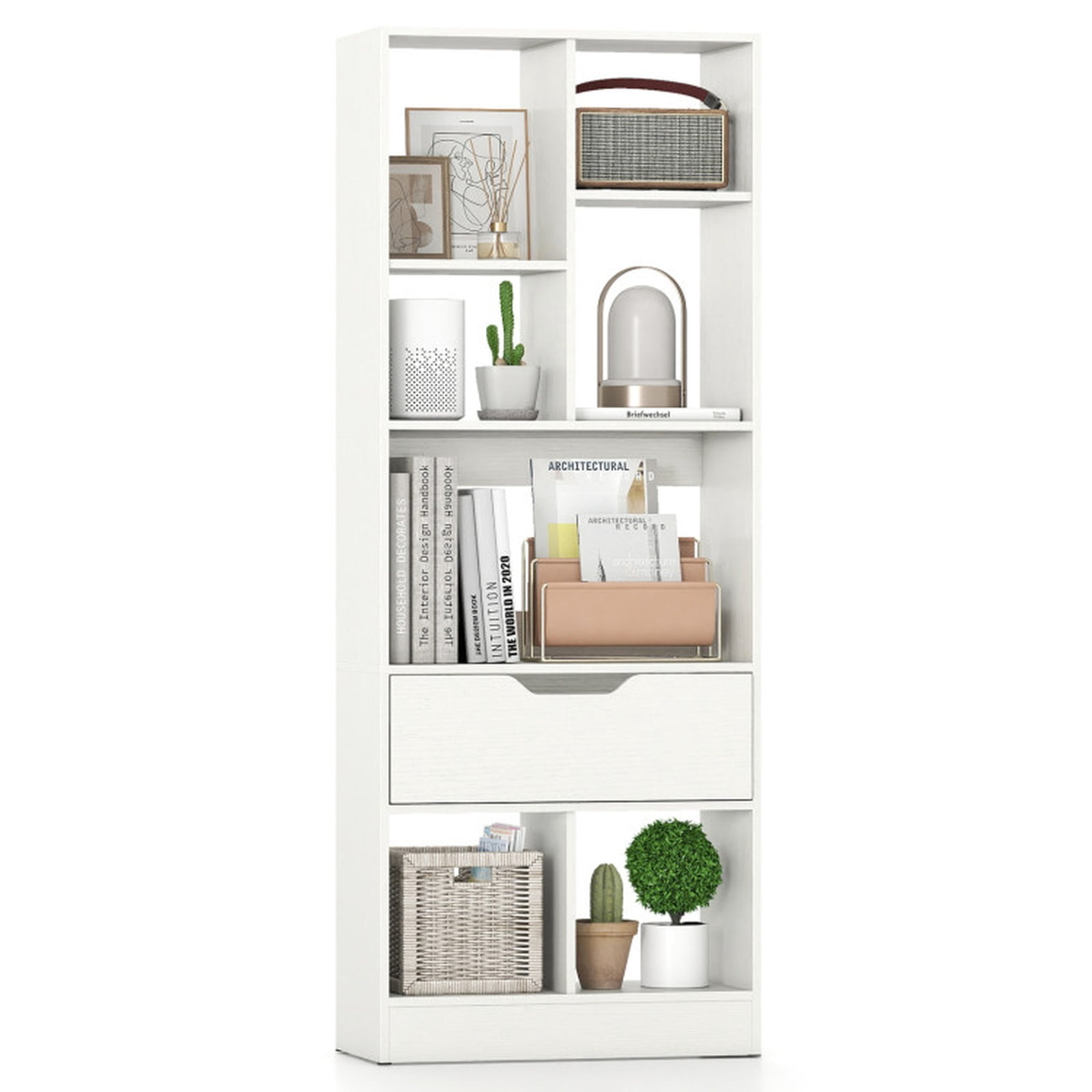 Furnibear 51 Inch Tall Freestanding Bookcase with Storage Drawer and 7 Open Cubes Slim Wood Storage Organizer for Bedroom and Office, White