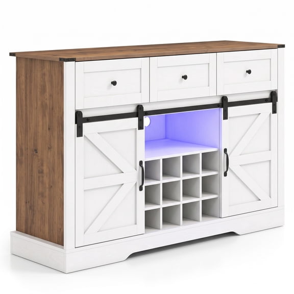 Furnibear 52 Inch Wine Bar Cabinet with LED Lights, Sliding Barn Doors, 12 Bottle Holders and Glass Racks, Freestanding Buffet Sideboard Coffee Bar Cabinet for, White